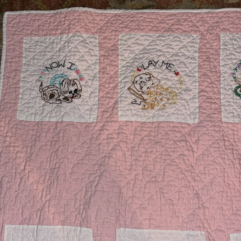Pink Embroidered Baby Quilt handmade 50” x 32”